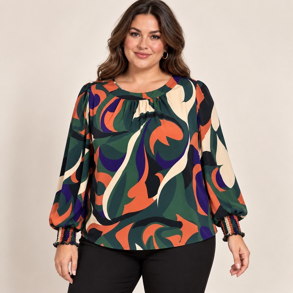 Emery Rose Blouse 3X Abstract Print Long Sleeve Flowy Silky Retro Office Fall